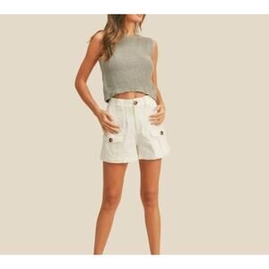 MIOU MUSE Cotton Cargo Off White Turtle Shell Button Shorts, Medium